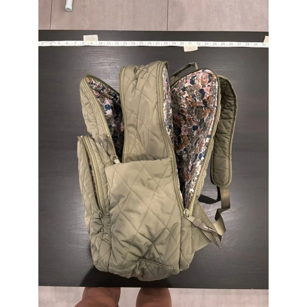 Vera Bradley Quilted Backpack Sage Green Floral Lining Large School Travel Bag